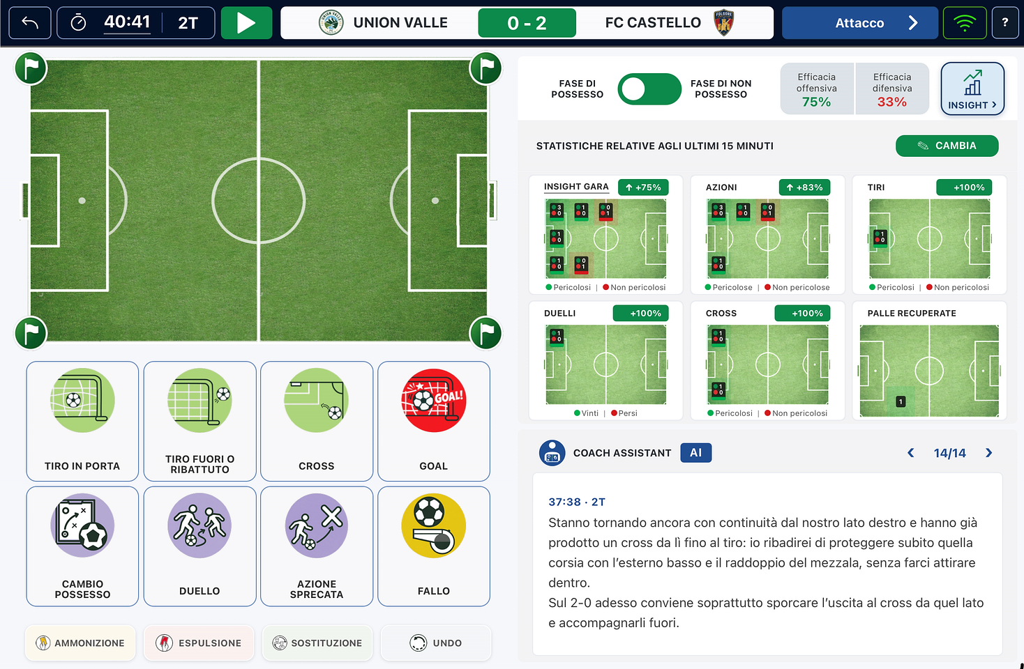 App screenshot: live match with pitch, statistics and Coach Assistant